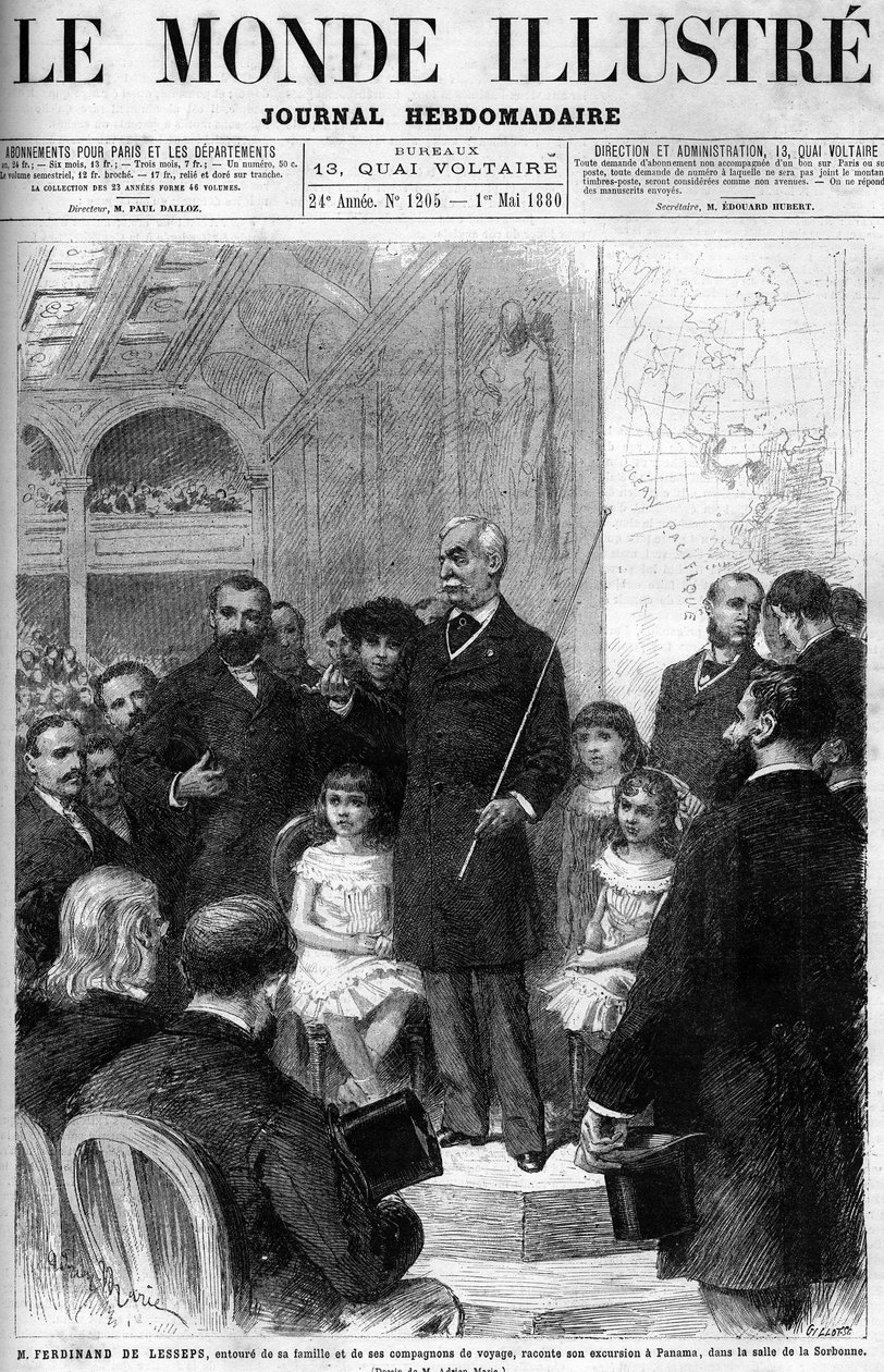 Ferdinand de Lesseps är omgiven av sin familj och reskamrater och berättar om sin resa till Panama i Salle de la Sorbonne. Omslag till "Illustrous World" från 1880. av French School