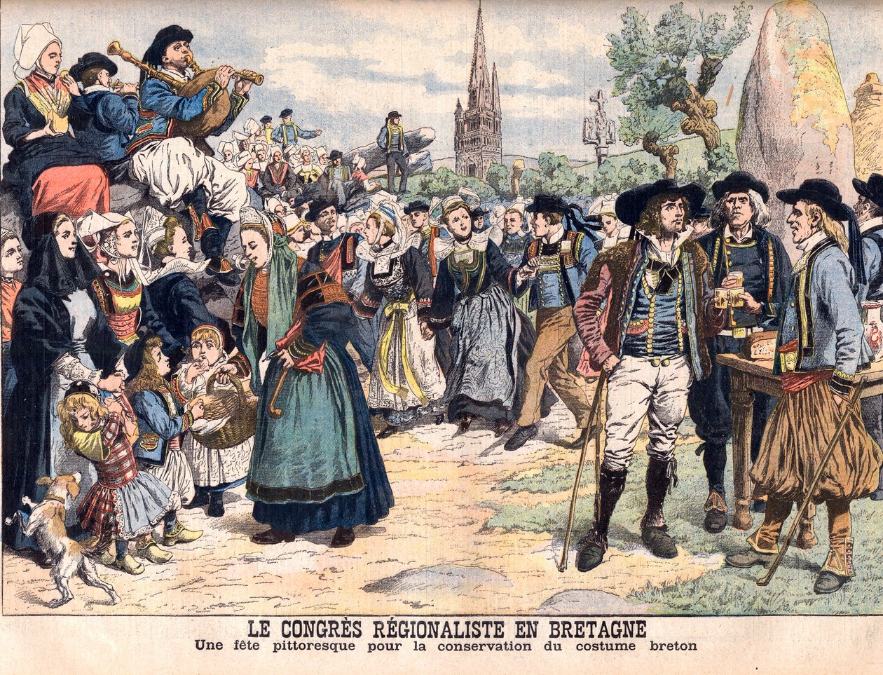 Festival för bevarande av traditionell bretonsk kostym. Regionalkongressen i Bretagne. Ett pittoreskt firande för att bevara den bretonska dräkten. Illustration för Le petit Journal av French School