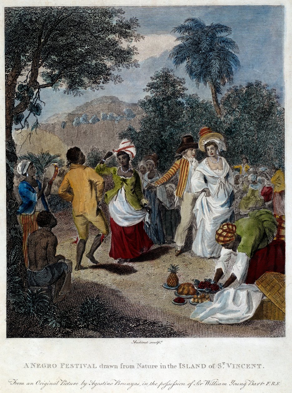Fete negre på ön Saint Vincent (Centralamerika, Antillerna). Gravyr av 1800-talet. Chartres, Museum of Fine Arts av French School