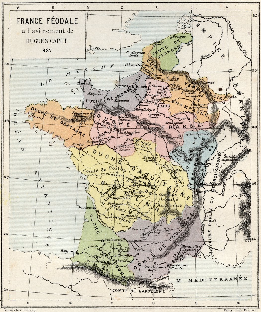 Feodalism - Frankrike Feodalism vid Hugues Capets tillkomst - 987 - gravyr från "" Frankrikes historia berättad för mina barnbarn"" - av Francois Guizot - 1872-1876 av French School