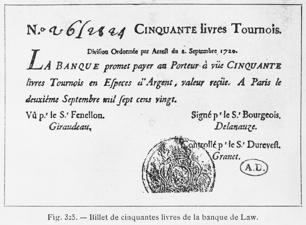 Fransk femtio pundssedel från Law Bank, daterad 2 september 1720 av French School