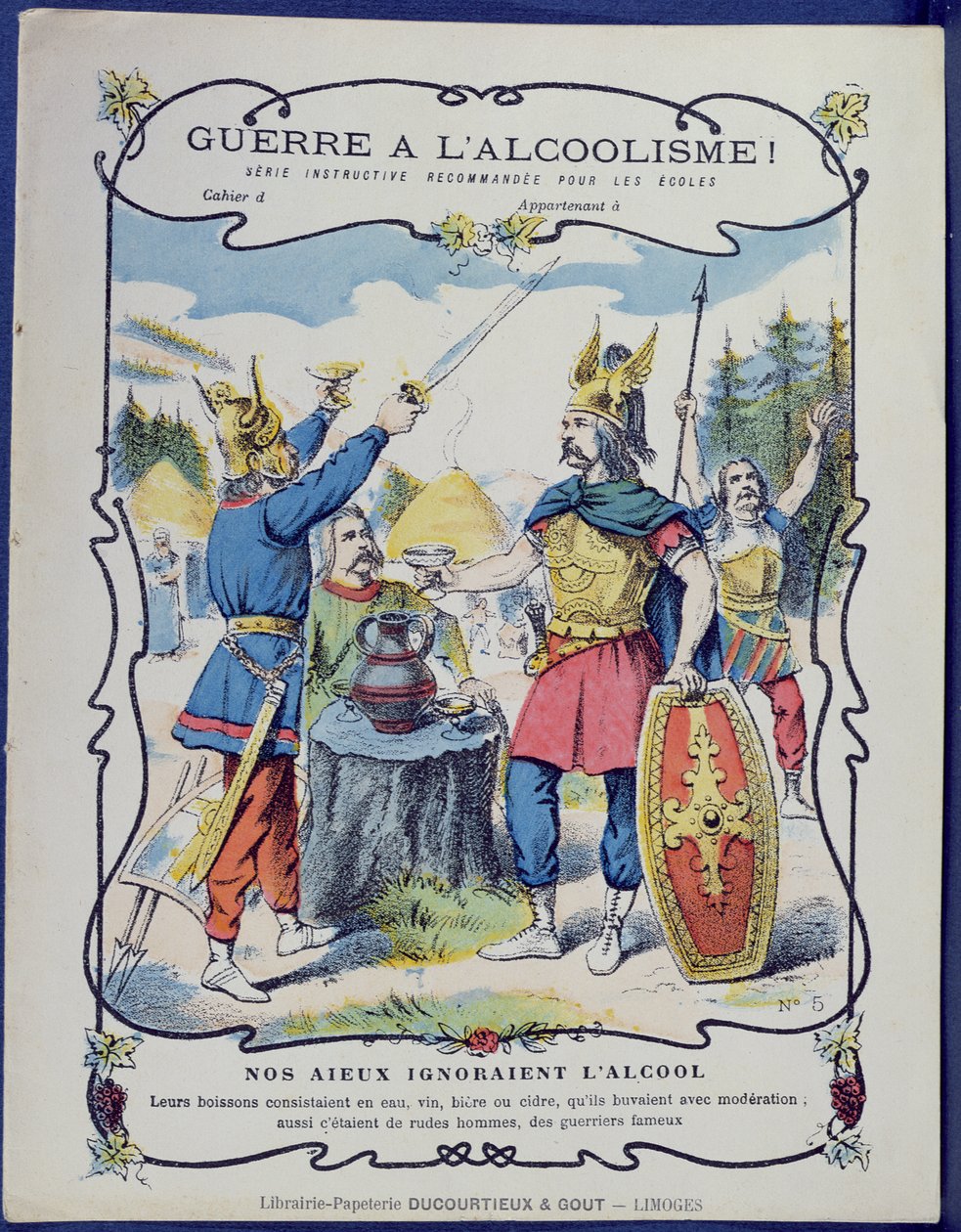 Fight Against Alcoholism!, en illustration av galliska krigare från ett skyddsfodral för skolböcker, sent 1800-tal av French School