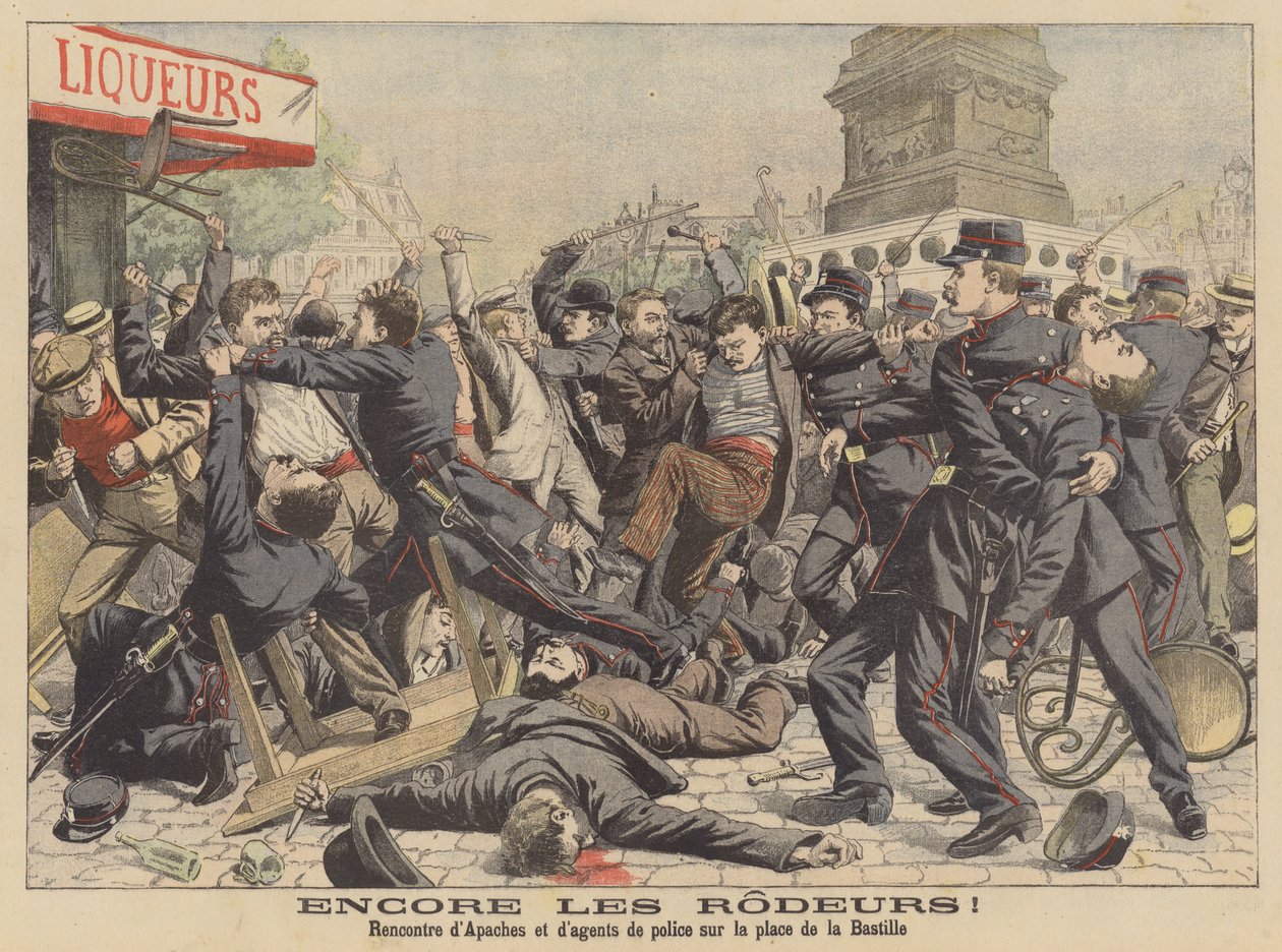 Slagsmål mellan apacher och polis på Place de la Bastille i Paris (färglitografi) av French School
