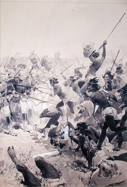 Strider mellan zulus och engelska soldater, ca 1878 (akvarell på papper) av French School
