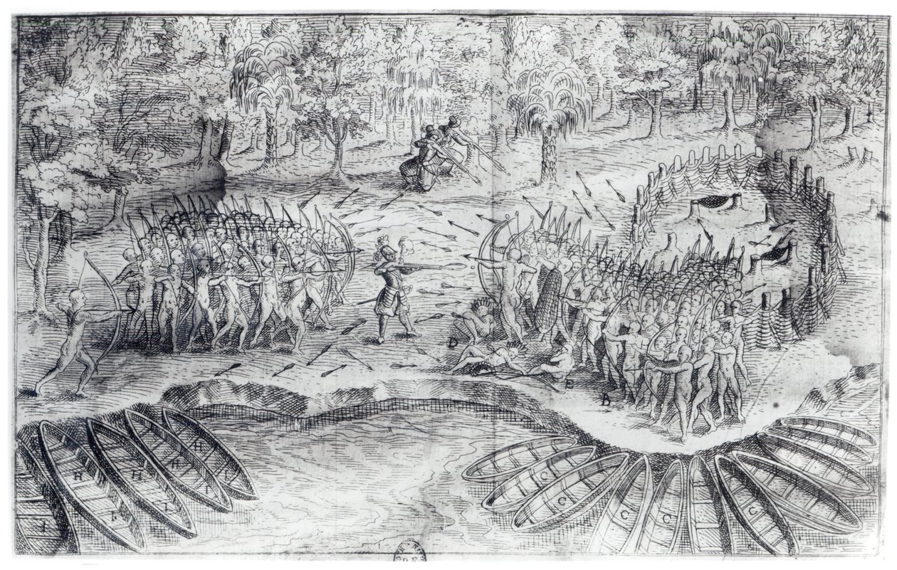 Huroner i strid, ur "Voyage de Champlain in 1624" av Samuel de Champlain (1567-1635) av French School