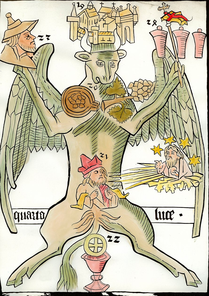 Figur som symboliserar evangelisten Saint Luke: en tjur umgås med staden Jeriko (eller Jerusalem), ett druvklase, en profet, den yttersta domens Kristus framträder med stjärnor och solstrålar, ett porträtt av en jude, en kalk . Gravyr från "Ars av French School