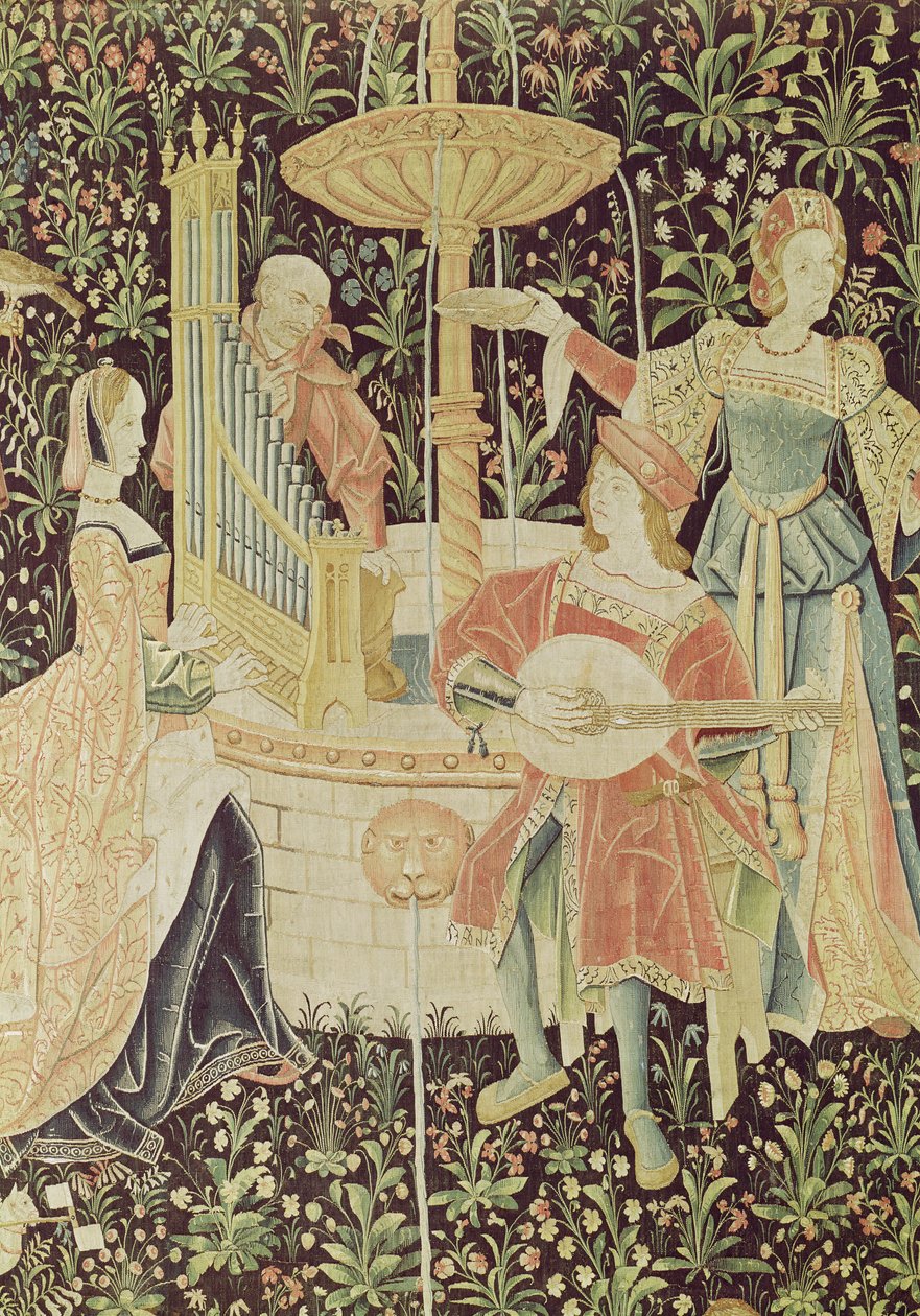 Figurer runt en fontän, detalj från The Concert at the Fountain, Loire workshop, ca 1570-80 (se 87759, 19846) av French School