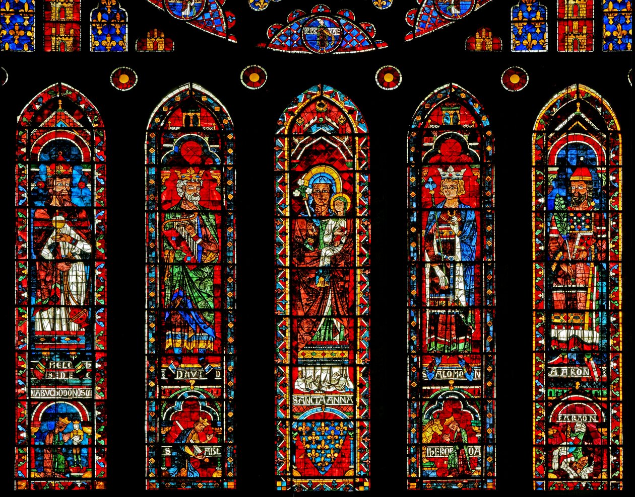 Figurer under norrrosfönstret: Melkisedek, David, Sankta Anna, Salomo, Aron och scener (w121) av French School
