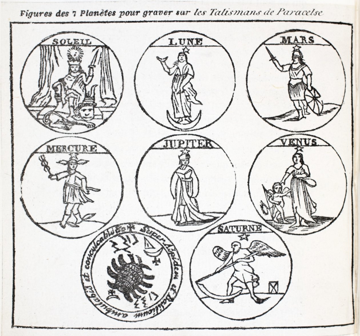 Figurer av de 7 planeterna att gravera på Talismans of Aracelse av French School