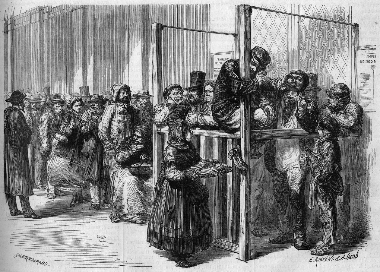 Ställ dig i kö vid en disk i rue Mont Thabor i Paris för att prenumerera på det nationella lånet på trehundrafemton miljoner som lanserades av den franska regeringen 1864. Gravyr i ""Le Monde Illustre"" nr 355 den 30 januari 1864. av French School