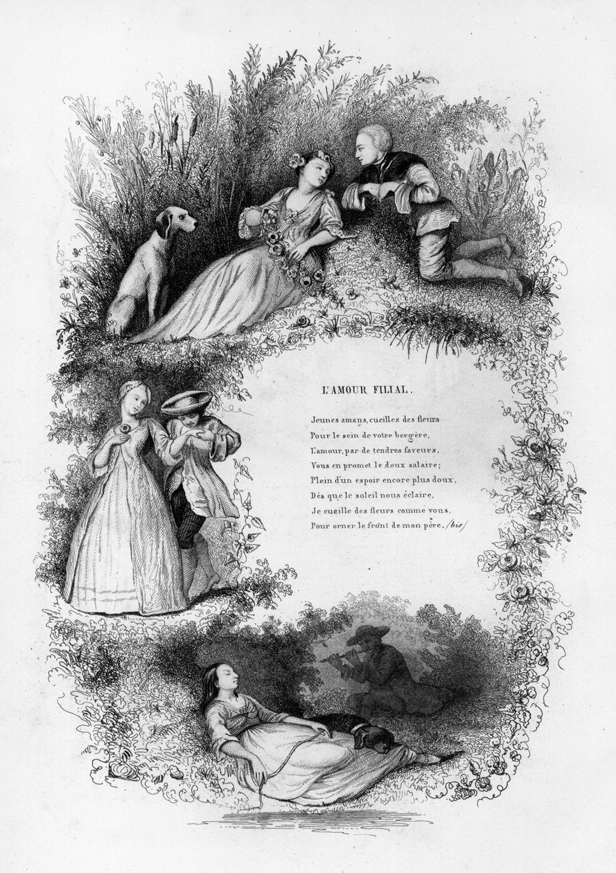 Vänlig kärlek. En ung man förförisk tre unga kvinnor på landsbygden. Gravyr i "" Chants et chansons populaire de la France", Tome 2 av French School