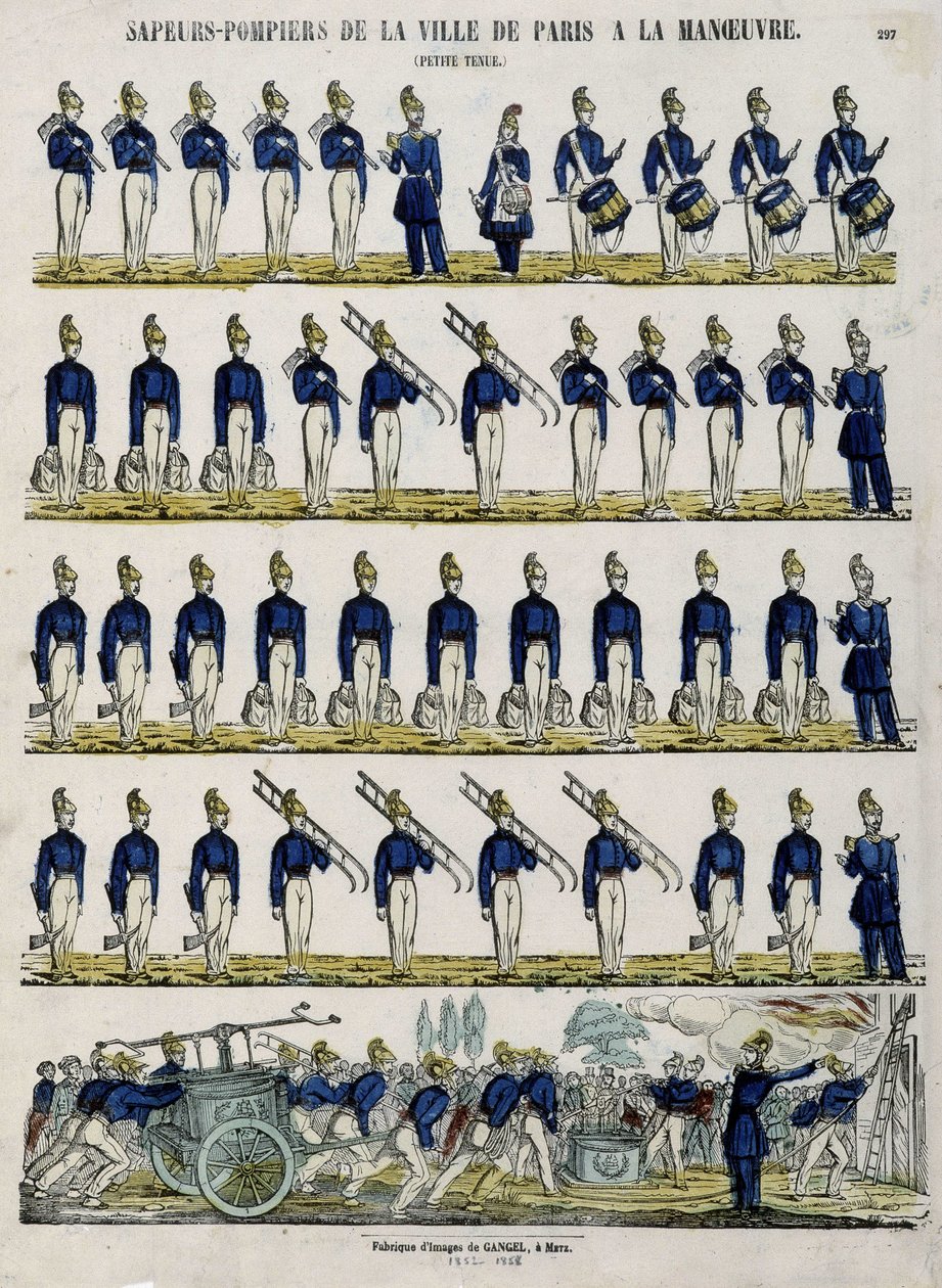 Brandkåren i staden Paris i manöver - Bild av Epinal, cirka 1852 av French School