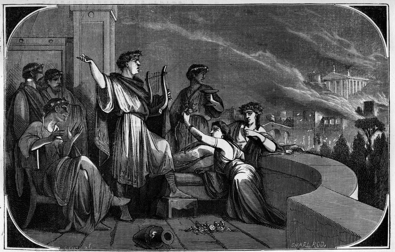 Fire of Rome av Neron. Mellan 18 och 24 juli 64 ödelades staden Rom av en stor brand som påstås ha orsakats av kejsar Nero för att anklaga och förfölja de kristna. Gravyr i "Histoire des Papes-Rois-Queen and Empereurs a travers les centuries"" av av French School
