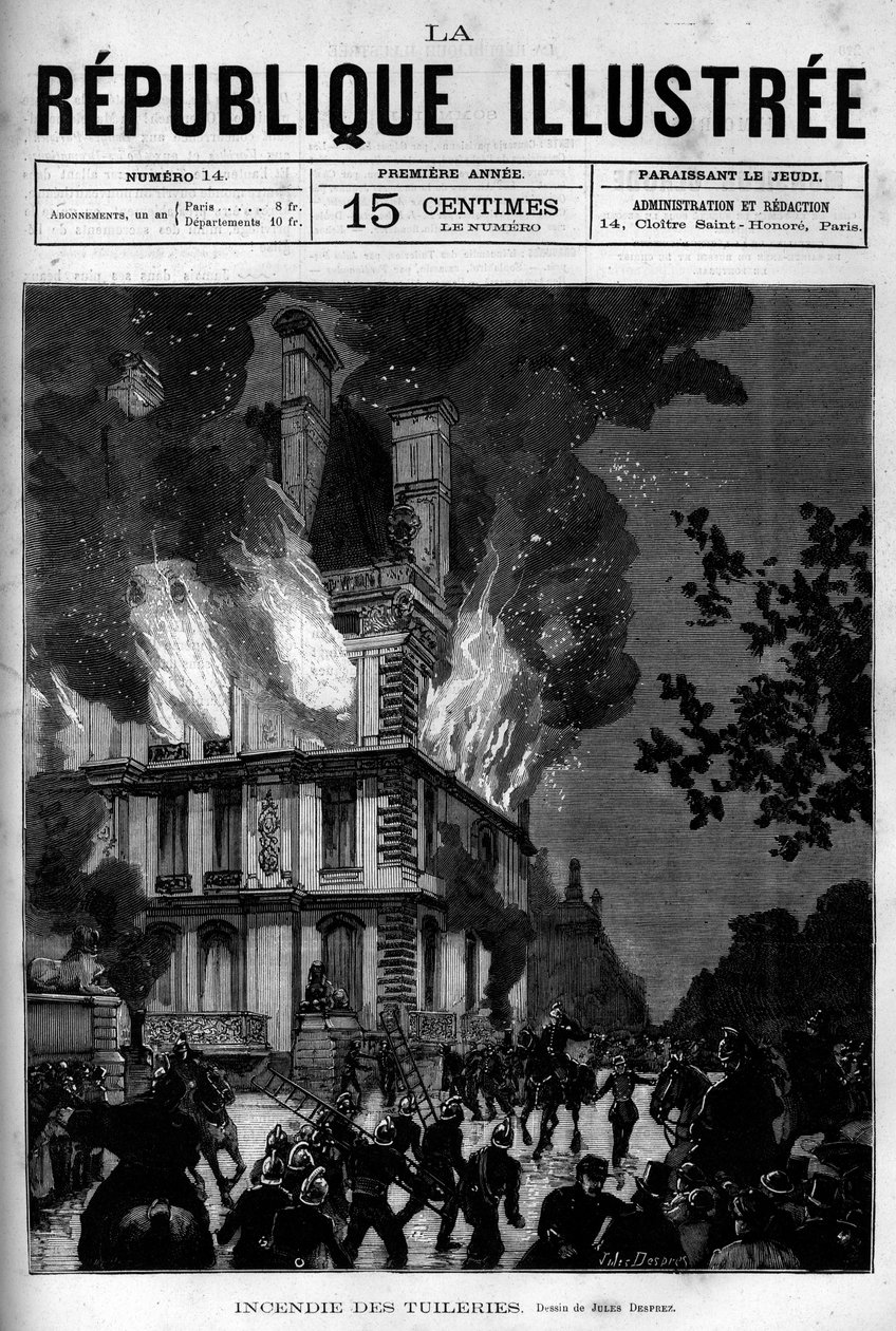 Brand i Flore-paviljongen i Tuilerierna i Paris. En tidning. Gravyr från 1880 i "La republique illustree"" privat samling. av French School