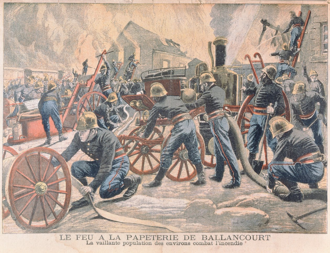 Brandmän som bekämpar en brand vid ett pappersbruk i Ballancourt, från Le Petit Journal, 1905 av French School