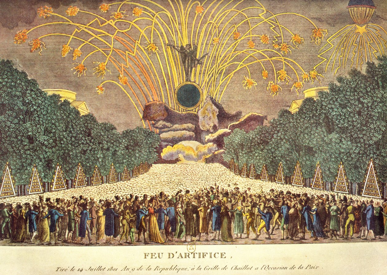 Fyrverkeri vid Grille de Chaillot i Paris för att fira fred, 14 juli 1801 av French School