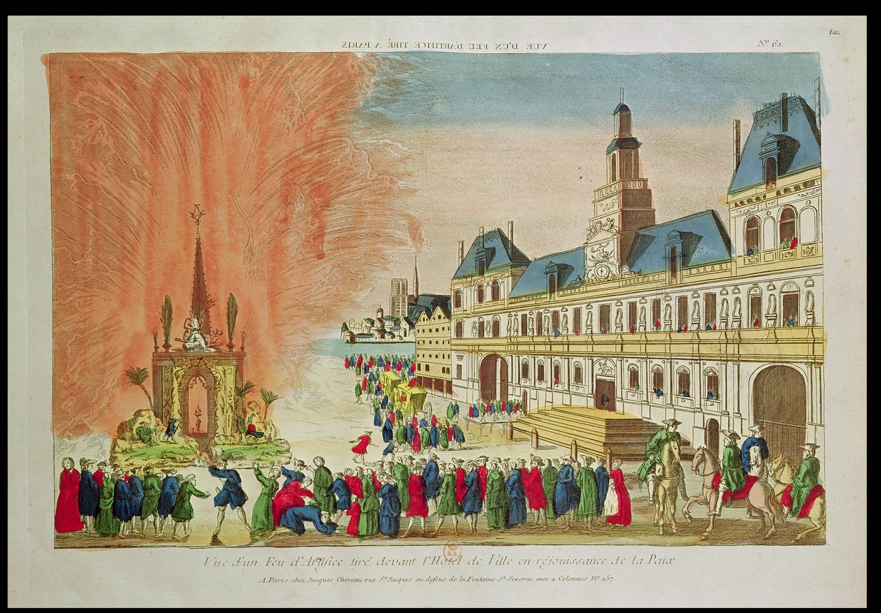 Fyrverkerier framför Hotel de Ville i Paris för att fira freden i Versailles, 1783 av French School