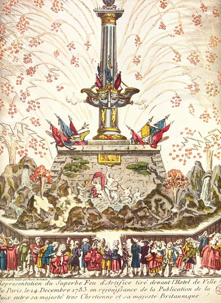 Fyrverkerier framför Hotel de Ville i Paris för att fira freden i Versailles, 14 december 1783 av French School