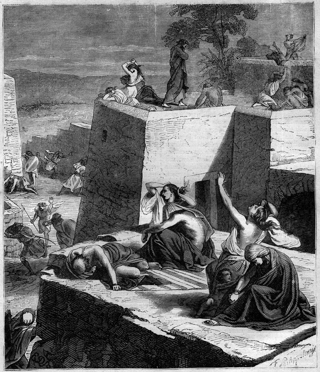 Första korståget (1096-1099): De tyska korstågen krossar ungrarna och satte eld på städerna. Gravyr i "Histoire des Papes-Rois-Queen and Empereurs a travers les centuries"" av Maurice Lachatre av French School