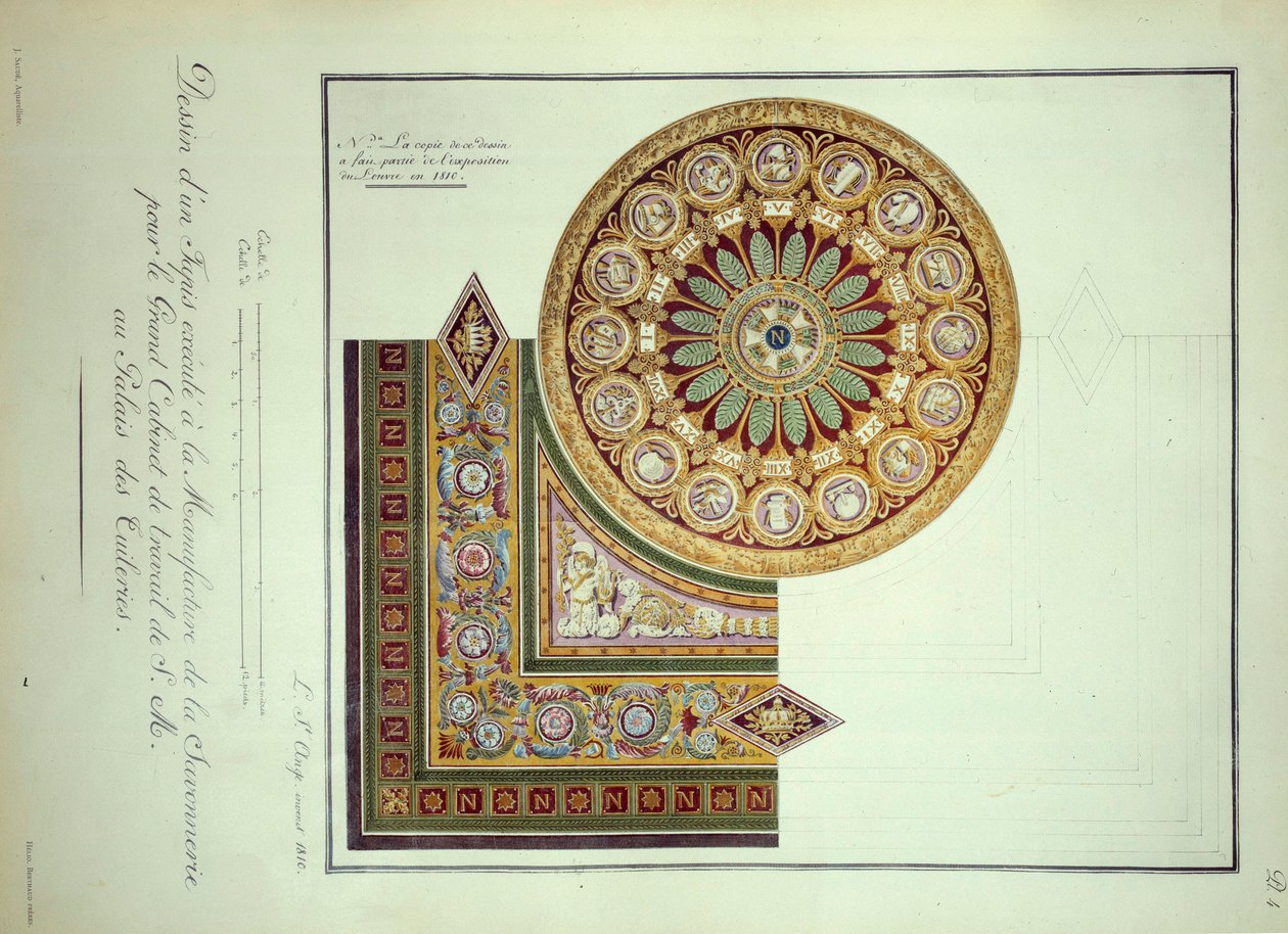 First Empire: design av en matta utförd på Manufacture de la Savonnerie för Cabinet de Travail av kejsar Napoleon I (1769-1821) vid Palais des Tuileries i Paris av French School