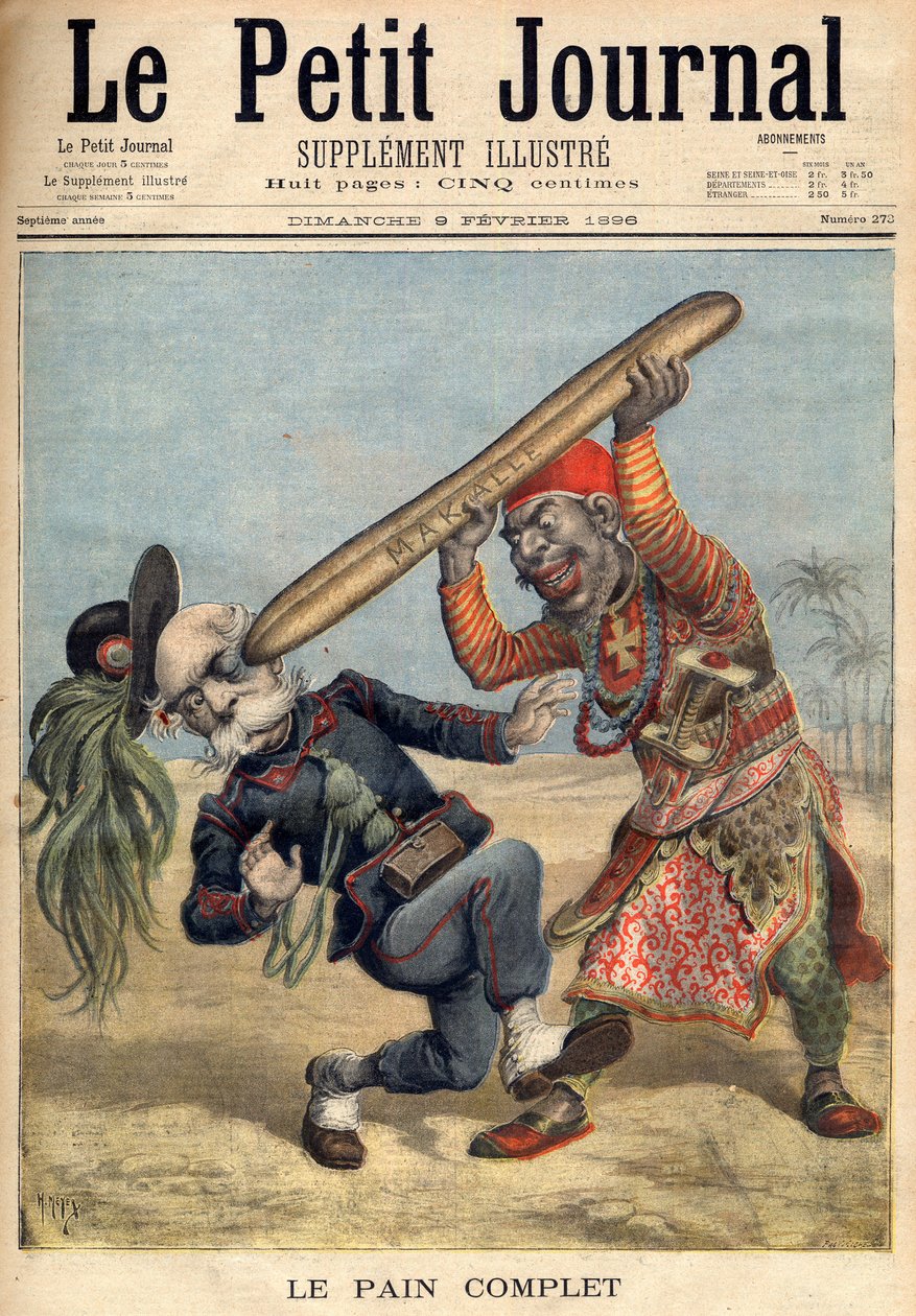 Första italiensk-etiopiska kriget - karikatyr av Francesco Crispi (1818-1901) och den italienska invaderande arméns nederlag vid belägringen av Makalle, Etiopien - i "Le Petit Journal" av 1896-02-09 (gravyr) av French School