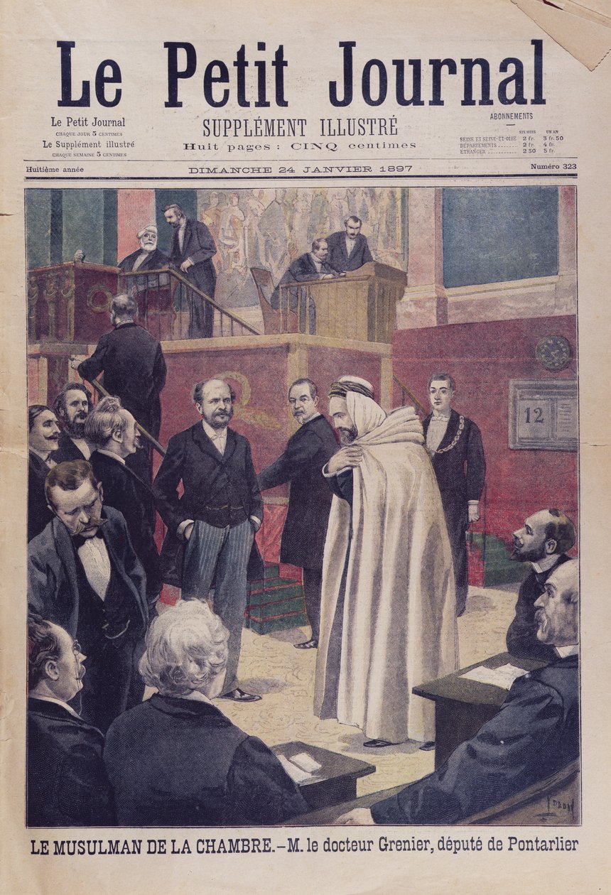 Förste muslimsk ställföreträdare i den franska församlingen, Dr Philippe Grenier, omslagsillustration av Le Petit Journal, 24 januari 1897 av French School