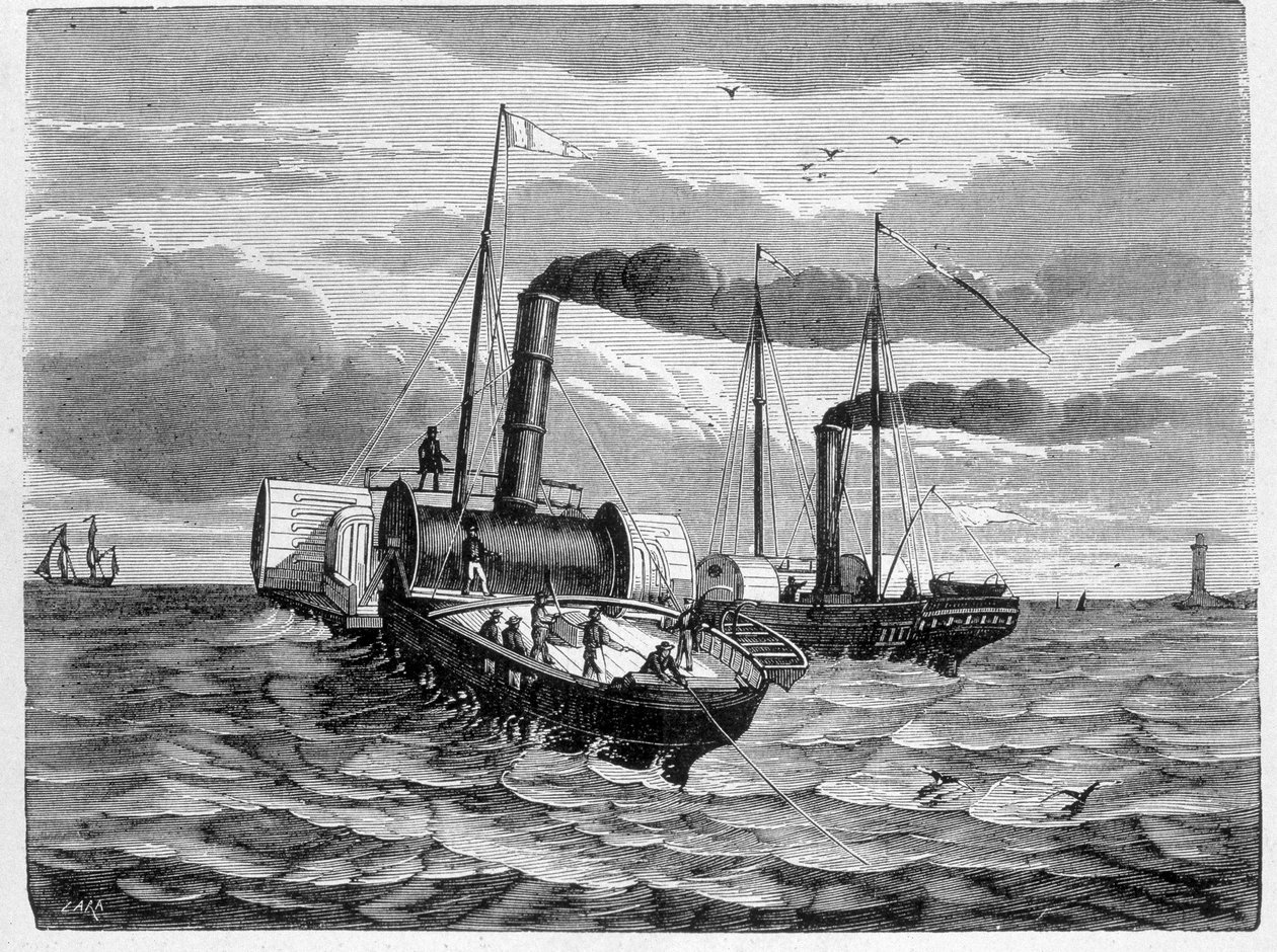 Första försöket för installation av en elektrisk ledare från Dover till Calais (1851) - i "" Album of Science; berömda vetenskapsmän; Stora upptäckter””” 1896. av French School