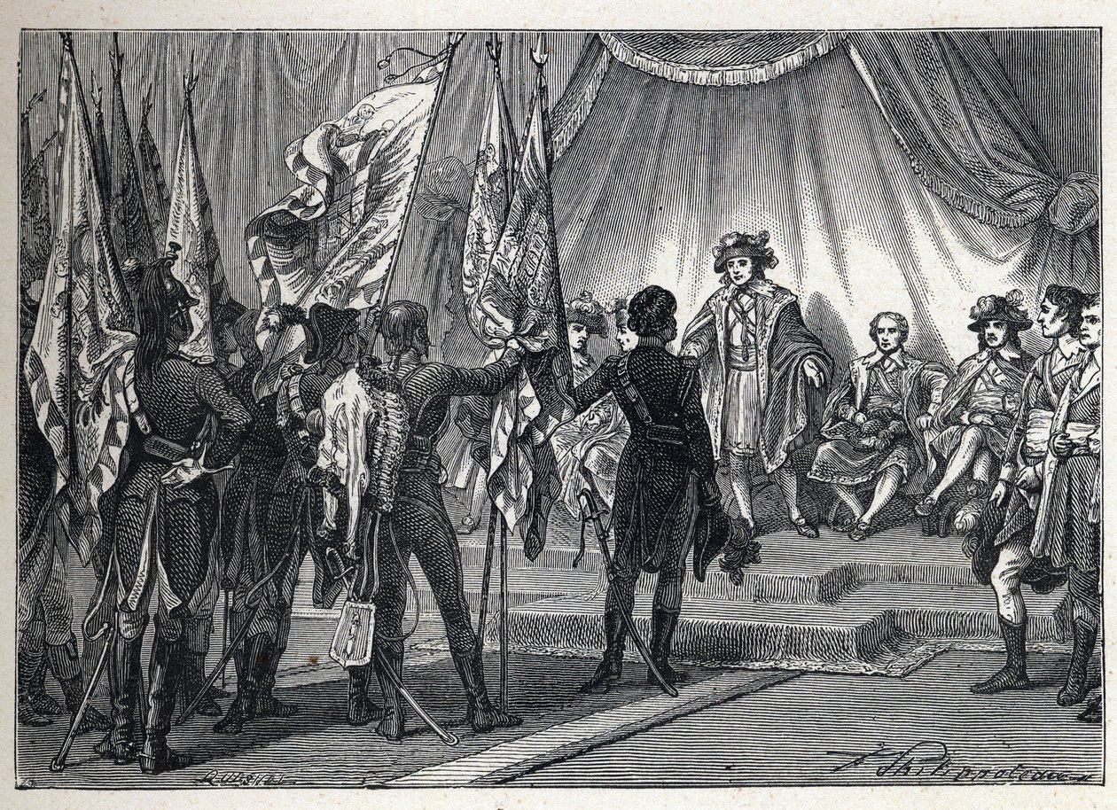 Första koalitionen: Joachim Murat (1767-1815) presenterar för styrelsen de flaggor som erövrades av den franska armén, under befäl av Napoleon Bonaparte, under det italienska fälttåget. Gravyr från 1889. Privat samling. av French School
