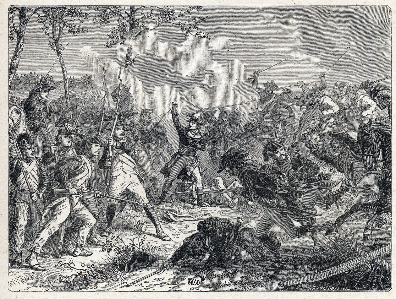 Första koalitionen: Lazarus Nicolas Marguerite Carnot (1753-1823) under slaget vid Wattignies som opponerade de franska trupperna mot den österrikiska armén den 16 oktober 1793. av French School