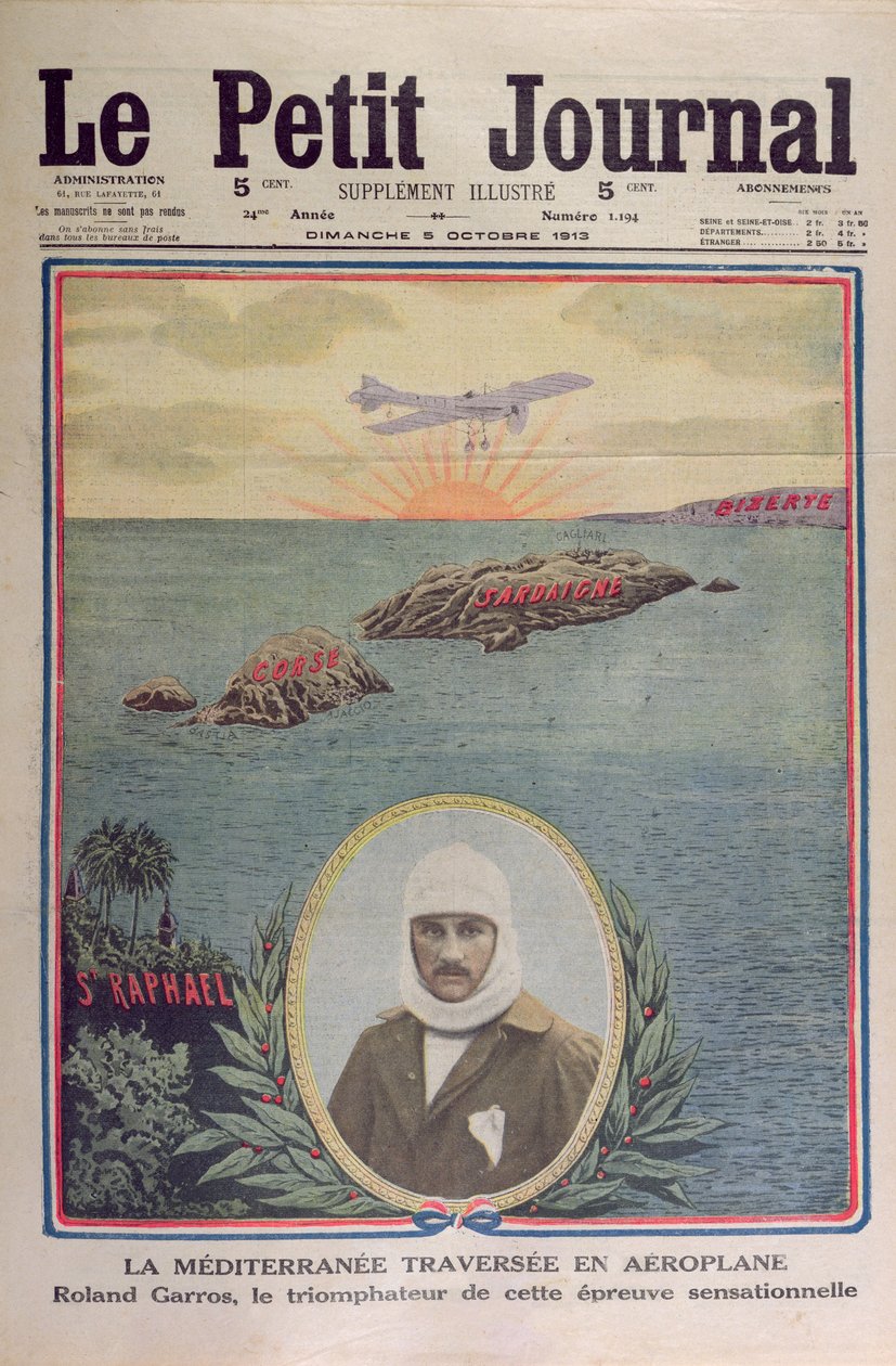 Första korsningen av Medelhavet 23 september 1913 av Roland Garros (1888-1918), omslagsillustration av le Petit Journal 5 oktober 1913 av French School