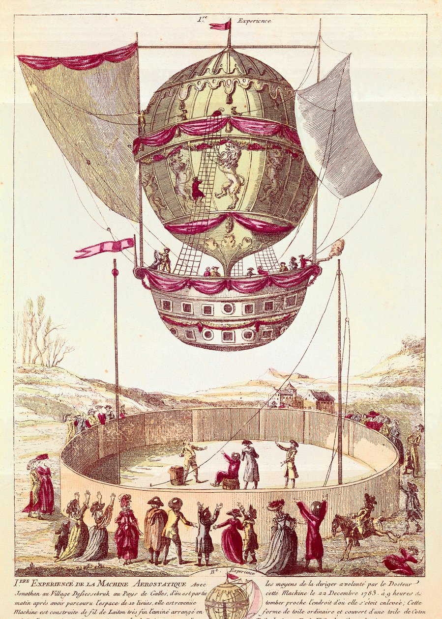 Första flygningen med en varmluftsballong, 22 december 1783 i Defsessebruk (Wales) (litografi) av French School