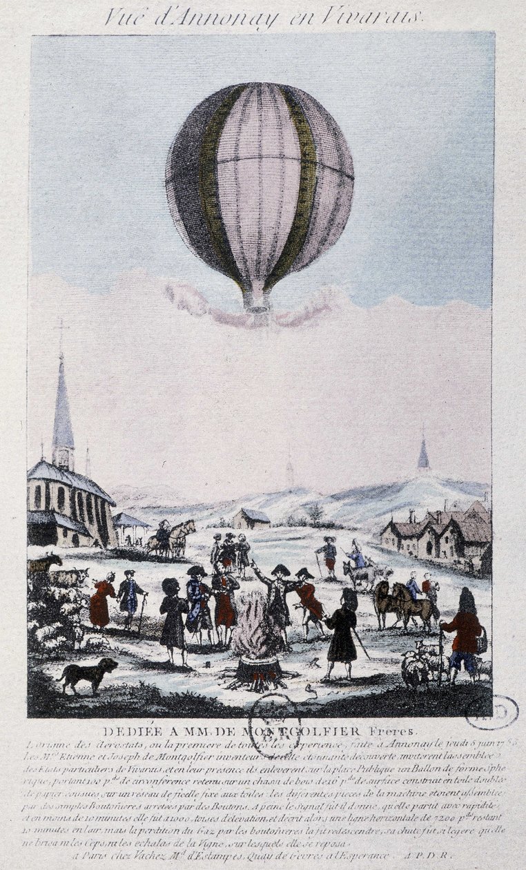 Första flyget till Annonay av bröderna Montgolfiers 1783 av French School