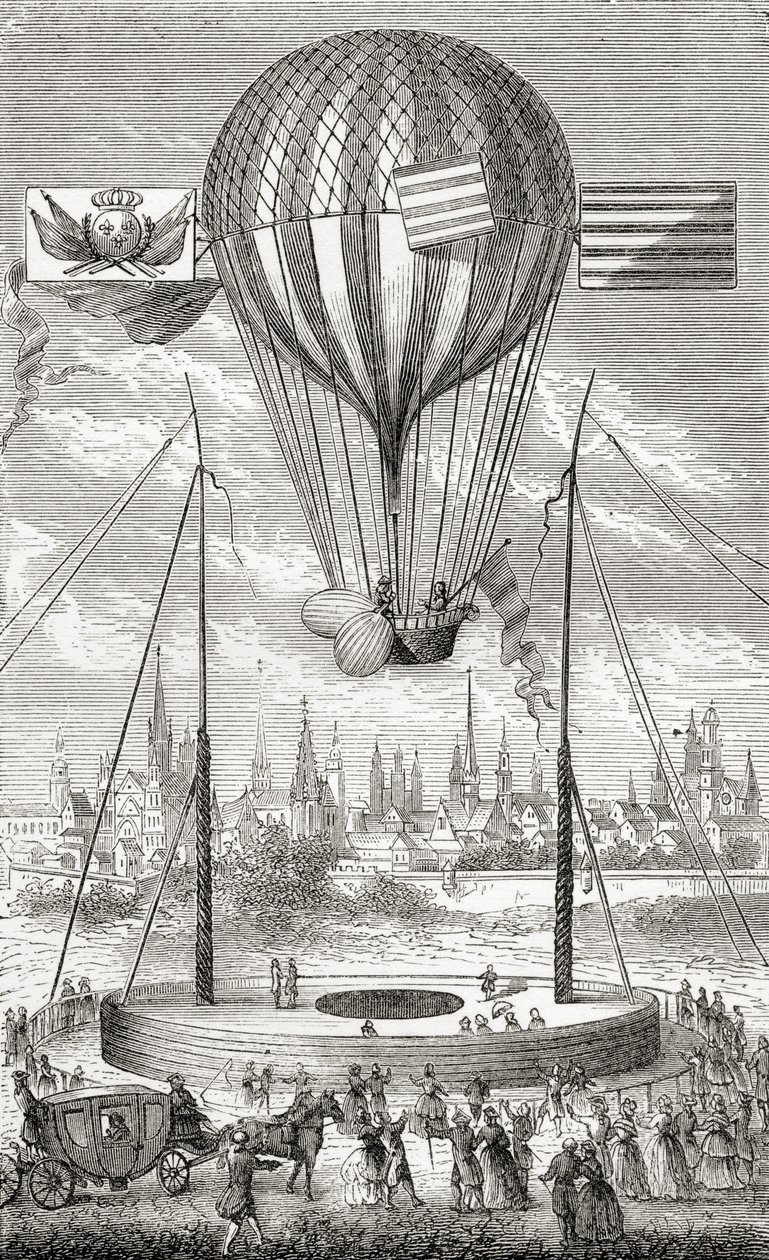 Första flygningen med en styrbar ballong, från Dijon, 12 juni 1784, från "Wonderful Balloon Ascents or the Conquest of the Skies", av Fulgence Marion, publicerad ca 1870 av French School