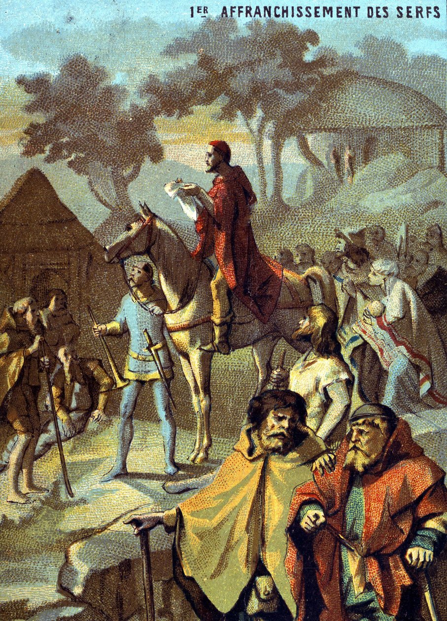Första befrielsen av de livegna (1315) av Louis X. Chromolithography of the series "" Patriotic learning through image"". av French School