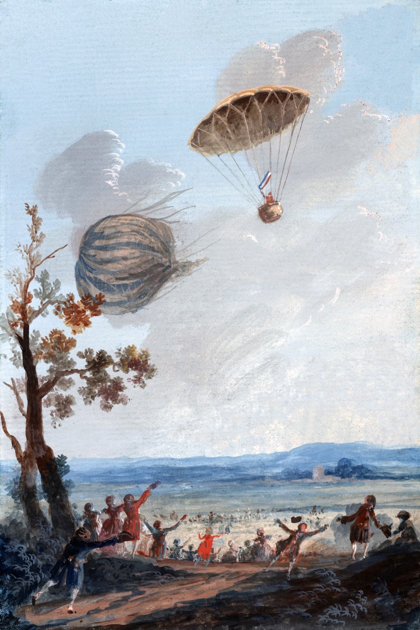 Förste man som gick ner i fallskärm, 22 oktober 1797, vid Parc Monceau, Paris, ca 1797 av French School