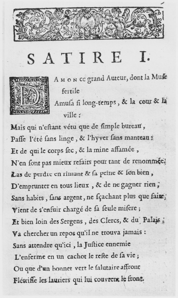 Första sidan av Satires av Nicolas Boileau, känd som Boileau-Despreaux, publicerad 1685 av French School