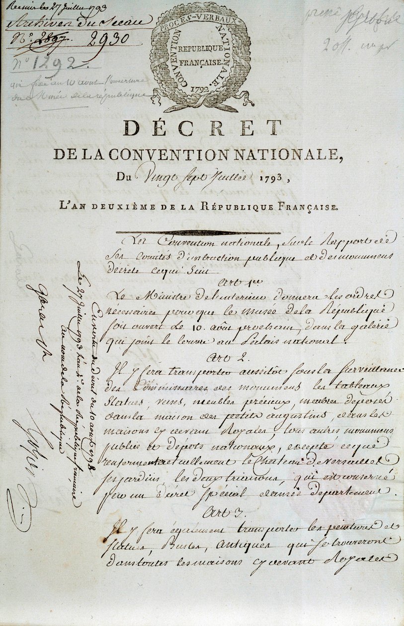 Första sidan av hemligheten bakom den nationella konventet den 27/07/1793 som upprättade Palais du Louvren som ett museum av French School