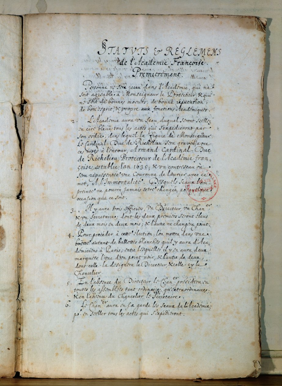 Första sidan i den franska akademins stadgar, 1635 (bläck på papper) (se även 179947) av French School