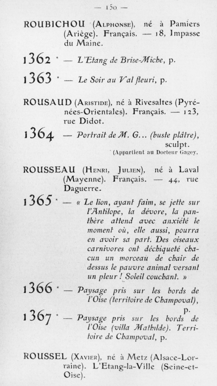 Första deltagande av Le Douanier Rousseau på Salon dAutomne, katalog, sida 150, Paris, 1905 av French School