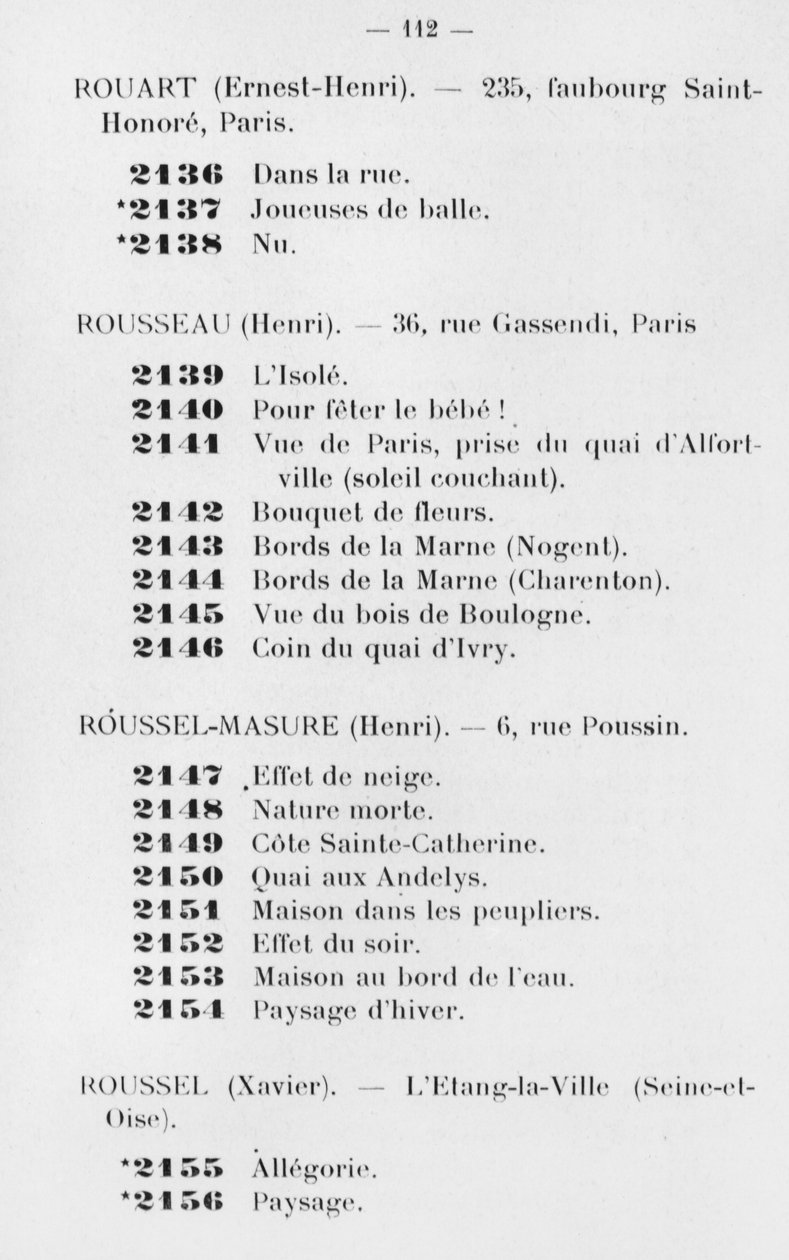 Första deltagande av Le Douanier Rousseau på Salon des Independants, katalog, sida 112, Paris, 1905 av French School