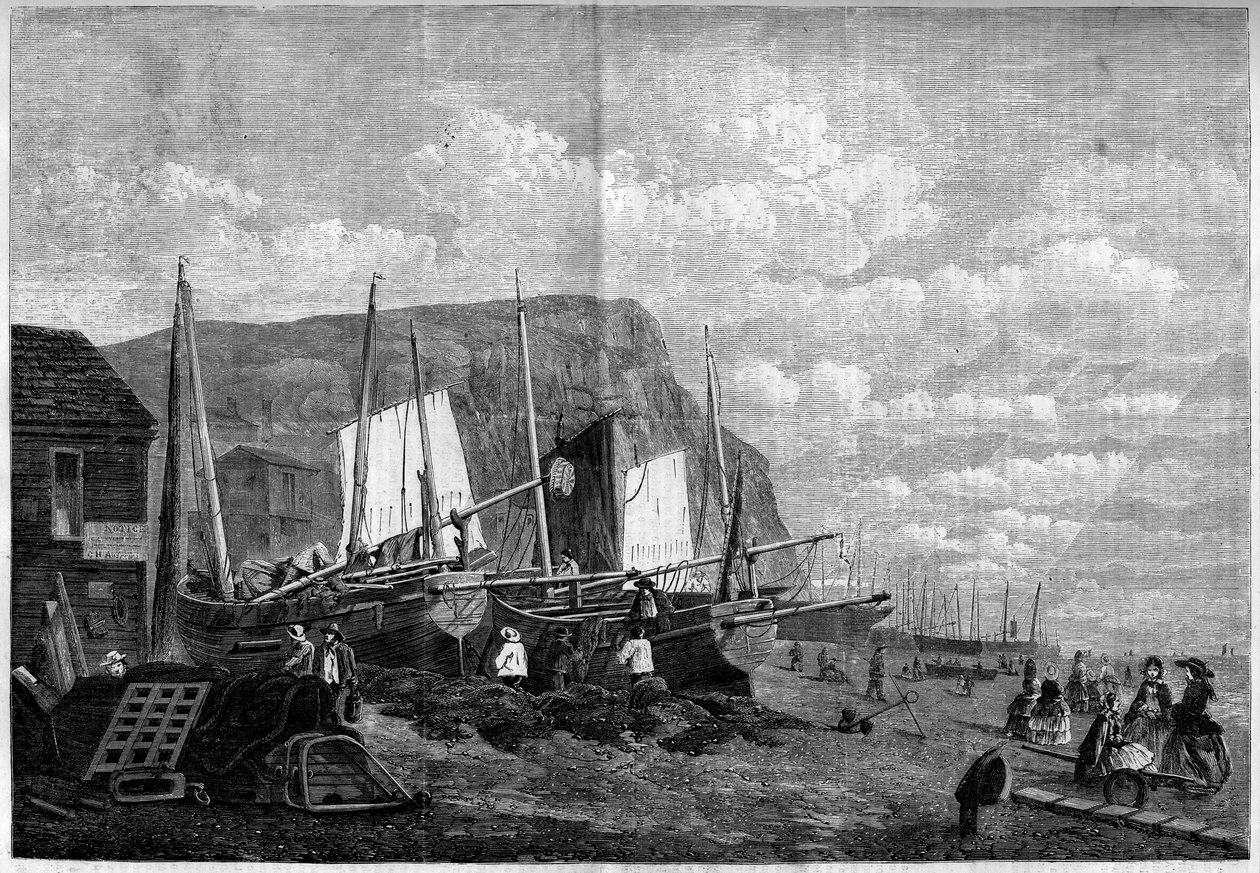Fiskebåtar på Hastings Beach, England av French School