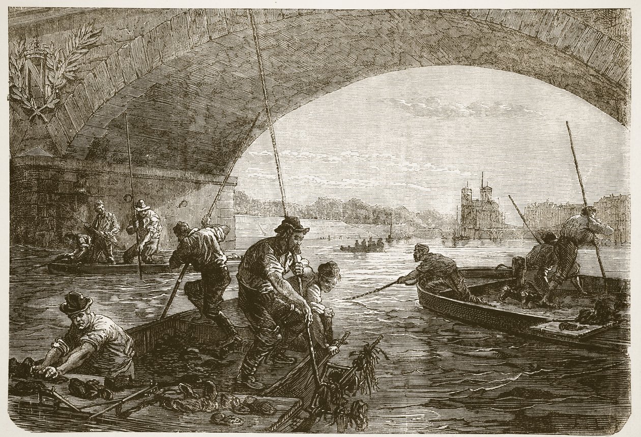 Fiske efter vapen i Seine, illustration från Cassells historia om kriget mellan Frankrike och Tyskland, 1870-1871 av French School