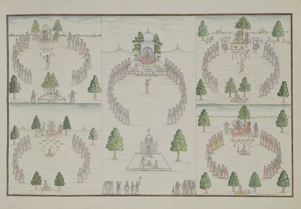 Fem hinduiska kulter: Shiva, Krishna, Vishnu, Brahma och Mother Goddess från The Gentil Album, publicerad 1774 av French School