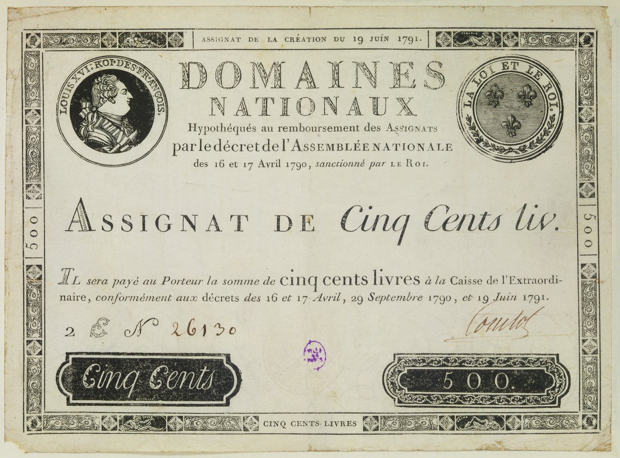 Femhundra livres sedel, 19 juni 1791 av French School
