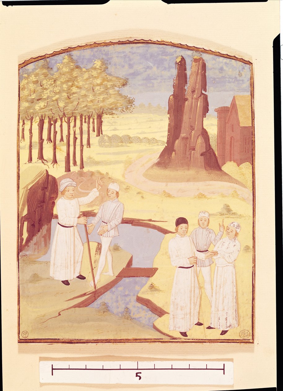 Fem personer diskuterar trädgårdsdesign, från Livre des Prouffitz Champestres av Pietro de Crescenzi (1230-132021) av French School