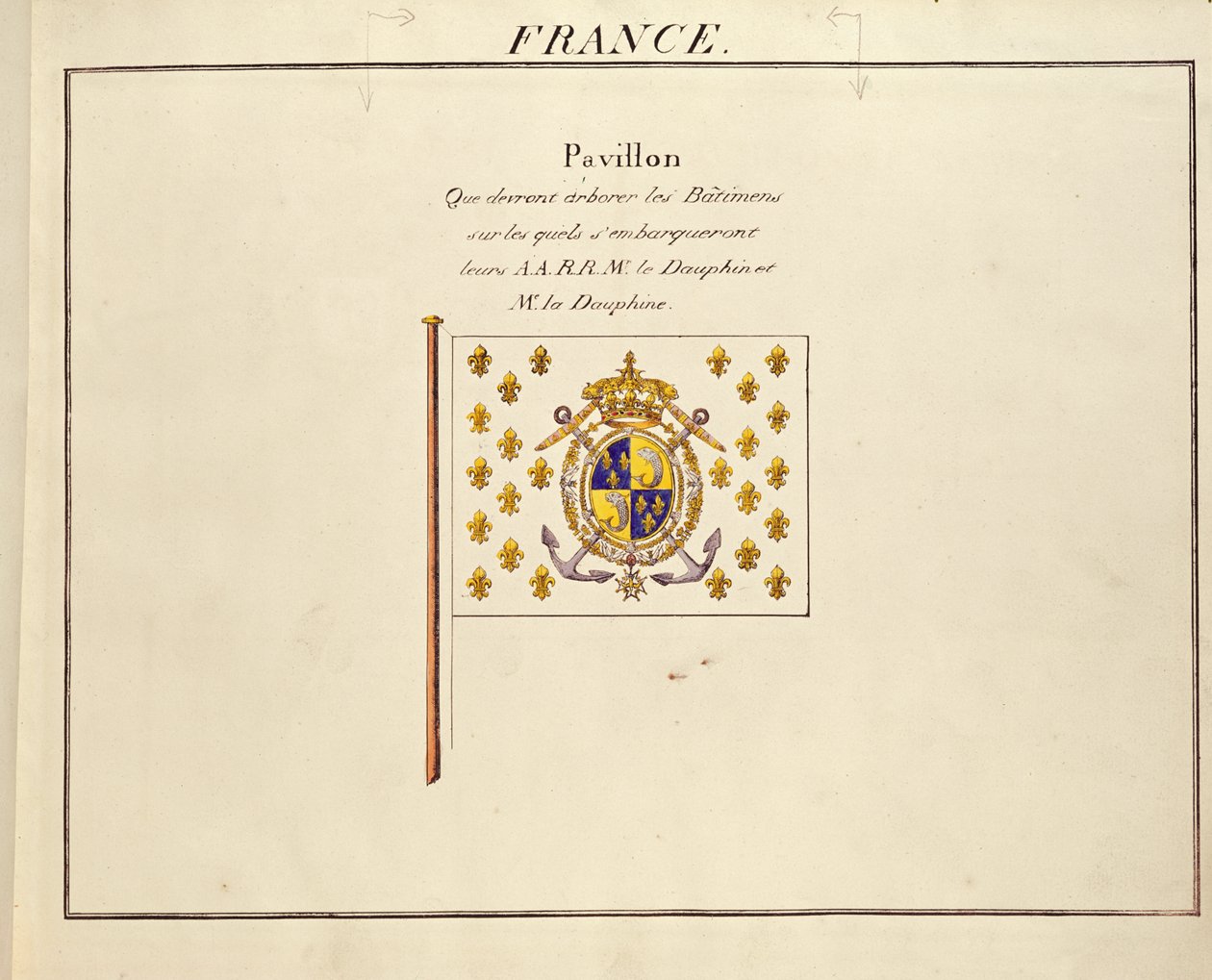 Flagga av Dauphin och Dauphine, Louis-Antoine och Marie-Therese av Frankrike, från Pavilions of the Maritime Powers, c.1815-30 (färgstick) av French School