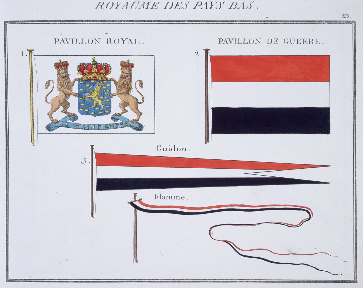 Flaggor från kungariket Nederländerna, från en fransk flaggbok, c.1819 av French School