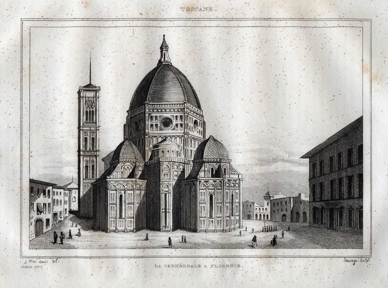 Florens katedral - Utsikt över katedralen i Florens (Duomo Santa Maria del Fiore). Kupolen gjordes av Filippo Brunelleschi omkring 1420-1436, Florens, Italien - Gravyr från "" Italy Picturesque"" - Historisk och beskrivande tabell över Italien" av M. de av French School