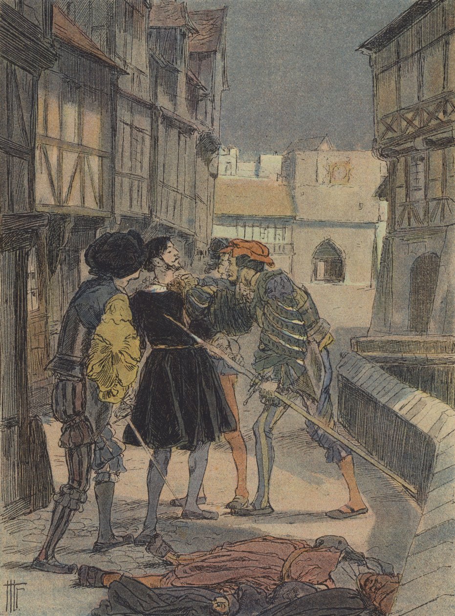 Den florentinske guldsmeden och skulptören Benvenuto Cellini omgiven och hotad av en grupp män (färglitografi) av French School