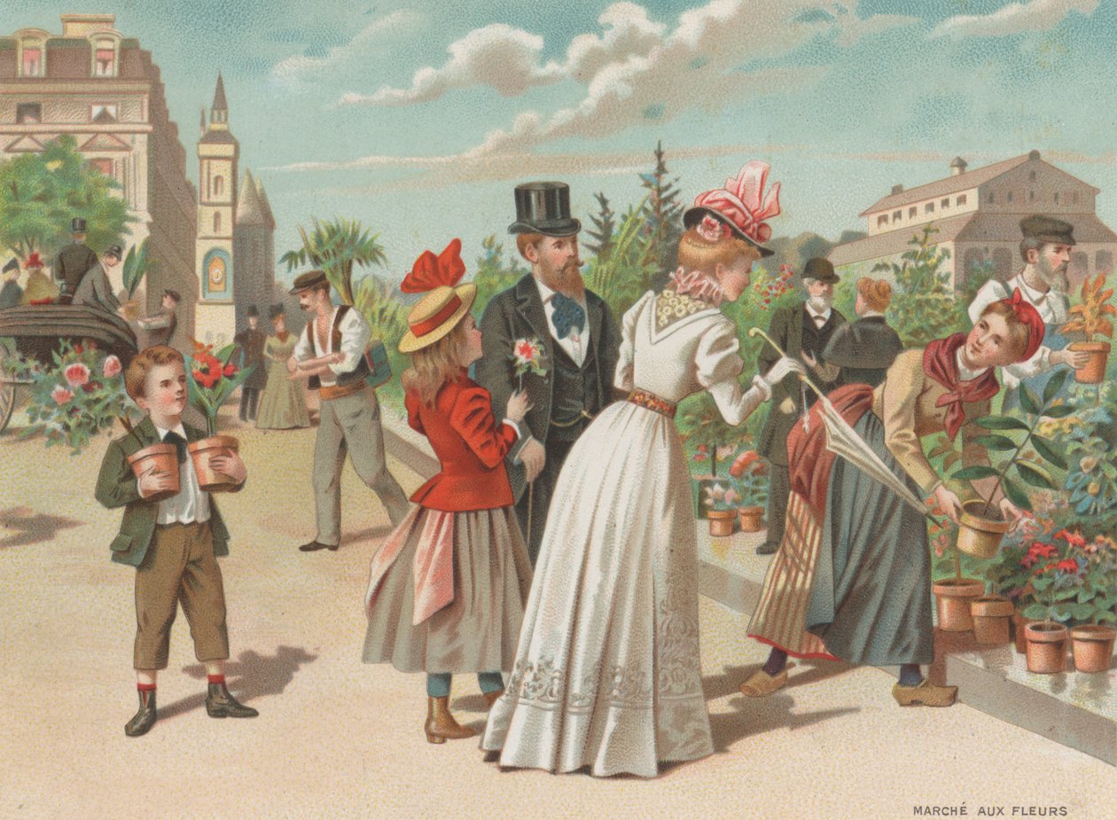 Blomstermarknad (chromolitho) av French School